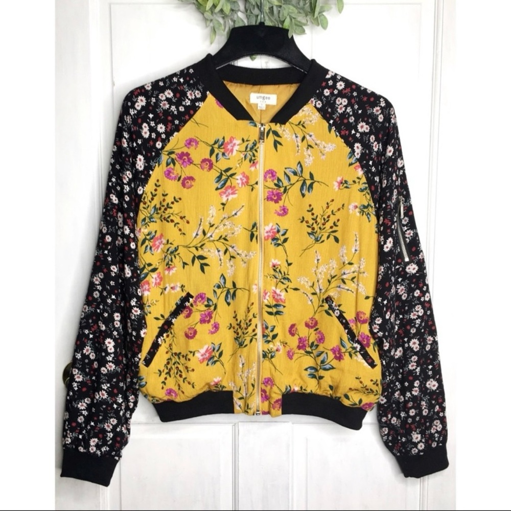 Umgee Yellow Floral Bomber Jacket with Black Sleeves